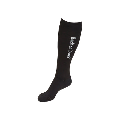 black knee sock with logo along side