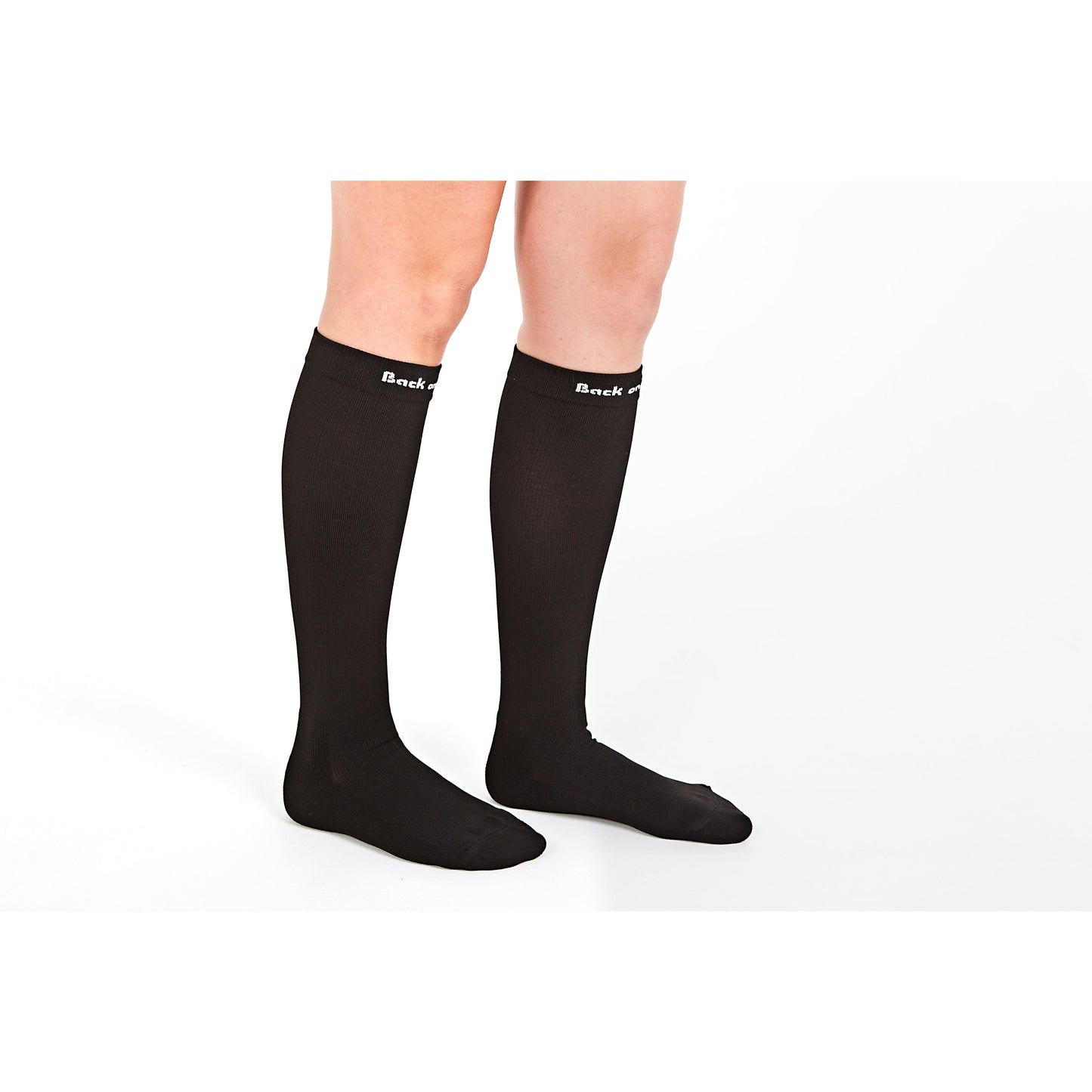 black knee sock with back on track logo at top being worn