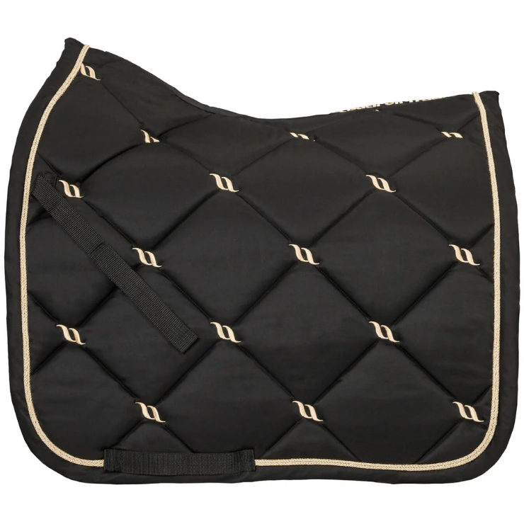 black dressage saddle pad with gold logo details and gold piping along edge