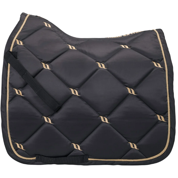 graphite dressage saddle pad with gold logo details and gold piping along edge