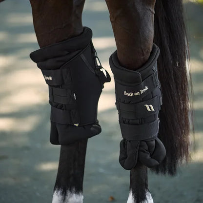 Horse wearing deluxe hock boots on both legs