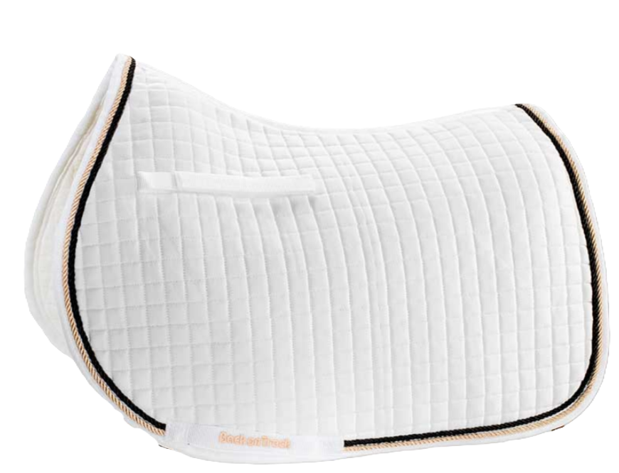 white jumping saddle pad with gold and black cord around edge, side view, BOT gold logo & metal badge