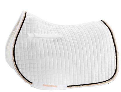 white jumping saddle pad with gold and black cord around edge, side view, BOT gold logo & metal badge